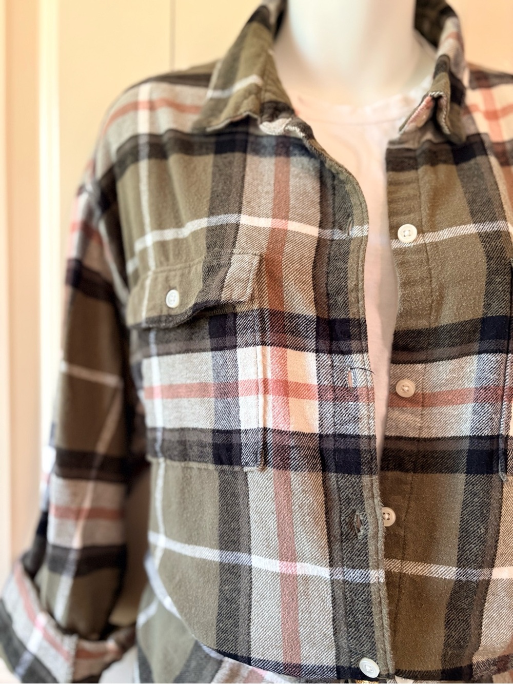 Old Navy Olive, Black & Cream Plaid Button-Down Shirt, size XL